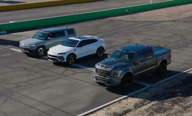 Rivian R1S, Lambo Urus, and Shelby F-150 Super Snake Meet At Drag Race