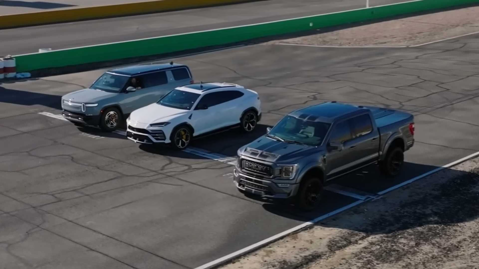 Rivian R1S, Lambo Urus, and Shelby F-150 Super Snake Meet At Drag Race
