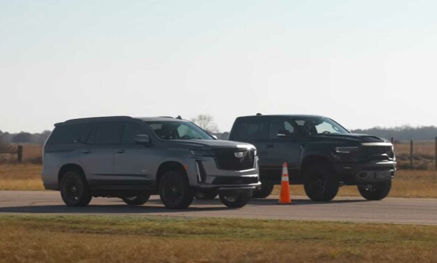 See Cadillac Escalade-V Drag Race Ram TRX In Heavyweight V8 Battle